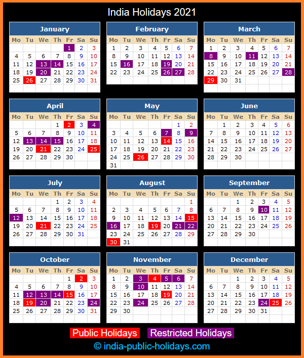 India Holiday Calendar 2021